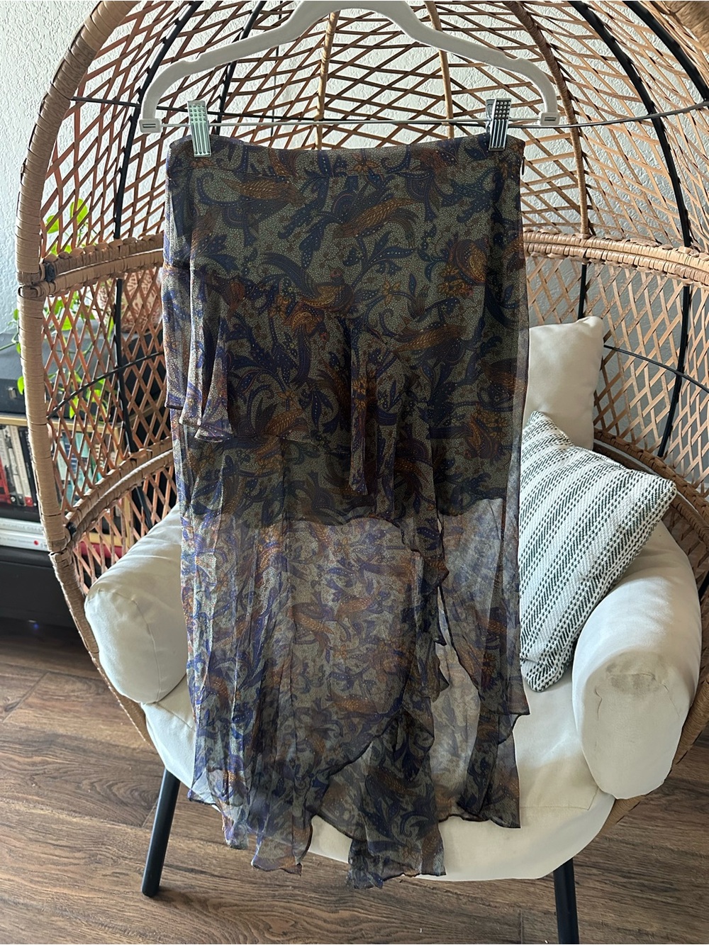 Veronica Beard Sheer High-Low Paisley Skirt in Navy and Brown